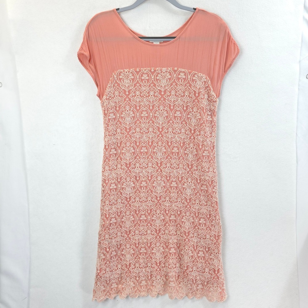 Sundance Shift Dress Embroidered Lace Lined Coral Pink Women M Boho Romantic